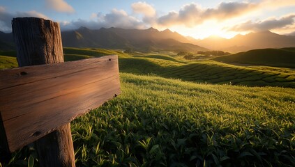 A rustic wooden signpost stands in a vibrant green tea plantation at sunrise, overlooking majestic mountains