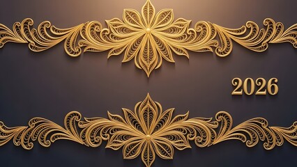 Golden Floral Ornaments with 2026 Year on Dark Background a Festive Design for New Year Celebrations Invitations and Elegant Holiday Greetings with Intricate Details and Luxurious Feel