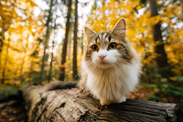 a fluffy cat sits atop an old log in the forest