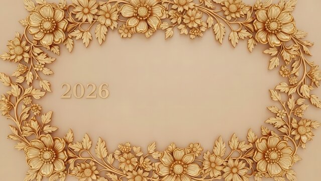 Ornate floral frame with year 2026 against soft beige backdrop presenting sophisticated template for seasonal greetings and announcements