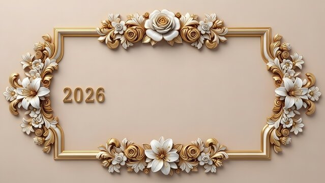 Year 2026 decorative frame with white and gold floral ornaments against soft beige backdrop elegant empty framing for text or image luxurious concept background - Powered by Adobe