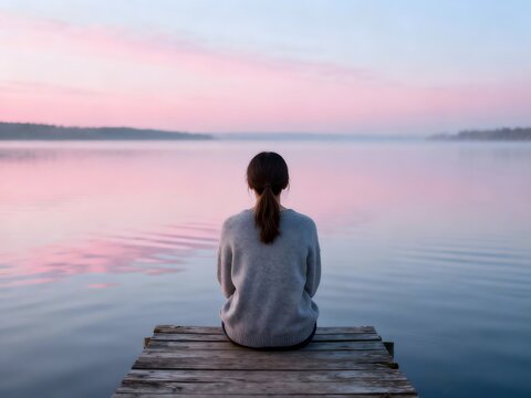 Woman sitting on a dock gazing at the calm lake at sunrise a serene and peaceful scene