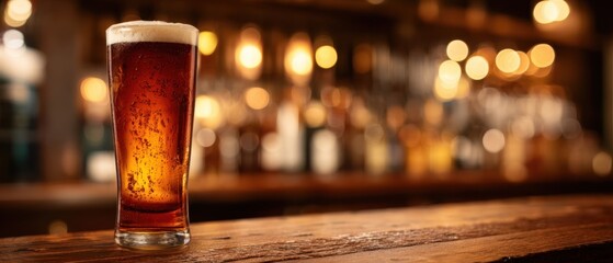 The Beer Glass on a Rustic Wooden Bar Counter with Warm Bokeh Lights