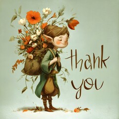 Charming Fantasy Gratitude: Cute Elven Character Carrying Flowers to Express a Thank You Message
