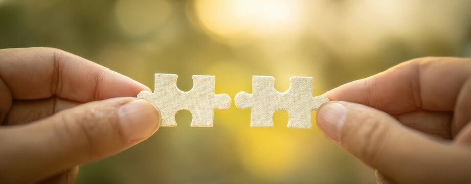 The puzzle pieces being connected by two hands symbolizing teamwork and partnership - Powered by Adobe