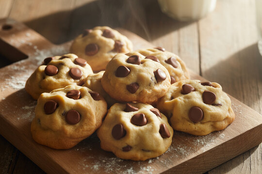 Freshly baked chocolate chip cookies steaming on rustic wood cutting board ready for a sweet treat break time snack food photography blog post or baking recipe