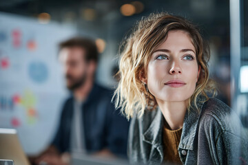 Obraz premium Confident young professional woman in a modern office, looking thoughtfully into the distance while collaborating in a creative startup workspace