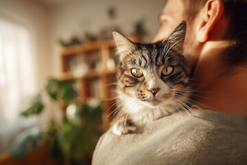 Cozy tabby cat perched on a man's shoulder in warm sunlit home — close-up portrait of a content pet bonding with its owner in a cozy living room.