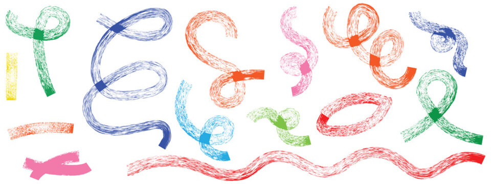 Collection colorful bold curved lines with loops isolated on white. Hand drawn bold grunge wavy and swirled brush strokes. Simple childish vector scribbles and squiggles. Creative trendy style design