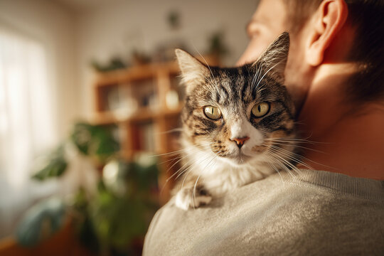 Cozy tabby cat perched on a man's shoulder in warm sunlit home — close-up portrait of a content pet bonding with its owner in a cozy living room.
