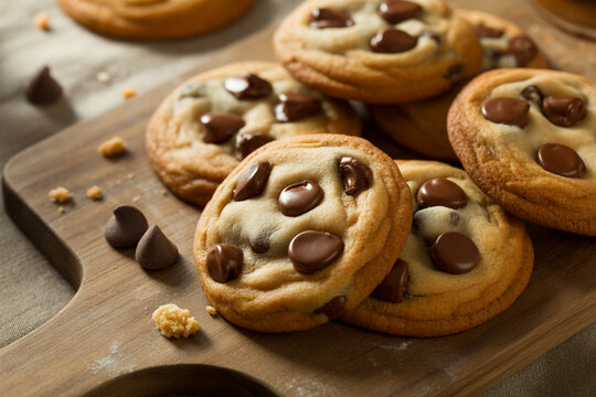 Freshly baked chocolate chip cookies on rustic wooden board for sweet indulgence moments, perfect for tempting dessert menus or baking blogs, delicious treats! - Powered by Adobe