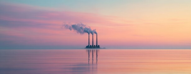 The power plant on calm sea with smoking chimneys at pastel sunset