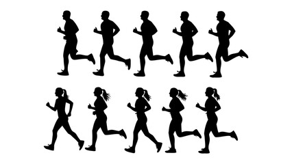 Vector running sequence illustrating continuous athletic motion with diverse male and female silhouettes