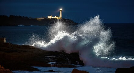 Lighthouse on rocky coast with powerful waves crashing under night sky