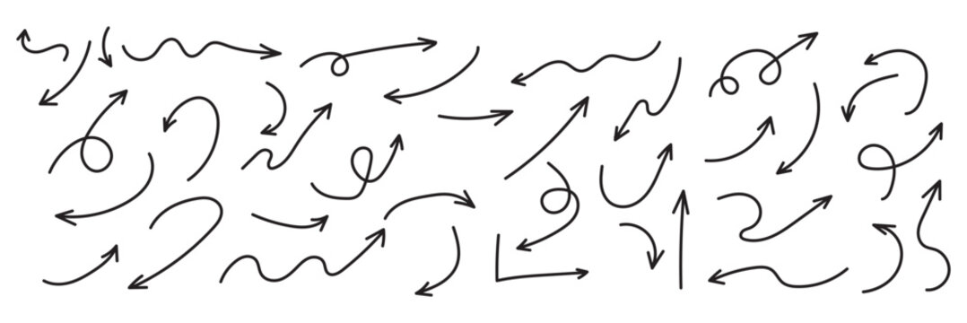 Squiggly arrows doodle set. Curve and Spiral comic symbols in sketch style. Hand drawn vector illustration isolated on white background