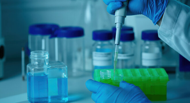 Scientist pipetting liquid into green tube rack in clinical laboratory setting