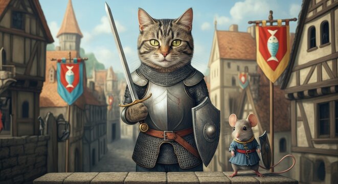 Cat knight stands with sword and mouse squire in medieval village scene