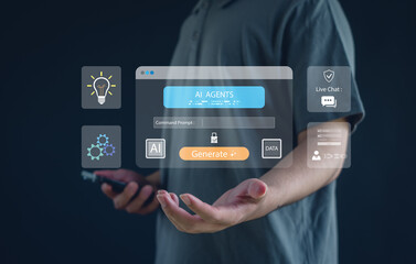 User interacting with a virtual AI agents interface featuring command prompt, data processing icons, automation tools, and smart generation technology, illustrating modern digital innovation.