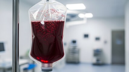 Closeup of a blood bag hanging on an IV pole in a hospital room ready for transfusion with a blurred background of medical equipment.