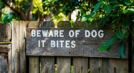 Wooden fence sign warning about a dog with bold white lettering and rustic wood