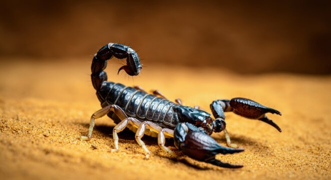 Black scorpion on sandy surface with raised tail poised to sting in desert setting
