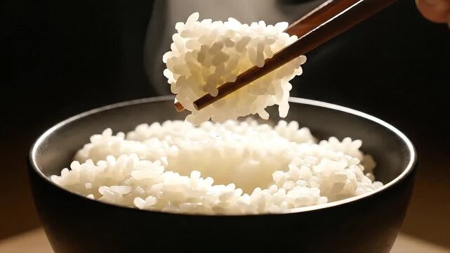 Steaming hot white rice in a dark bowl with chopsticks ready to eat.