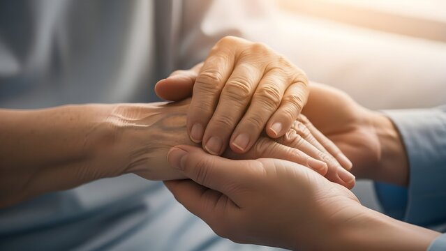 Closeup of a younger persons hands gently holding the wrinkled hands of an elderly person symbolizing care comfort and support.