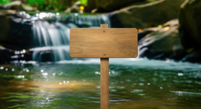 Wooden signboard by a forest stream with blurred waterfall and green water