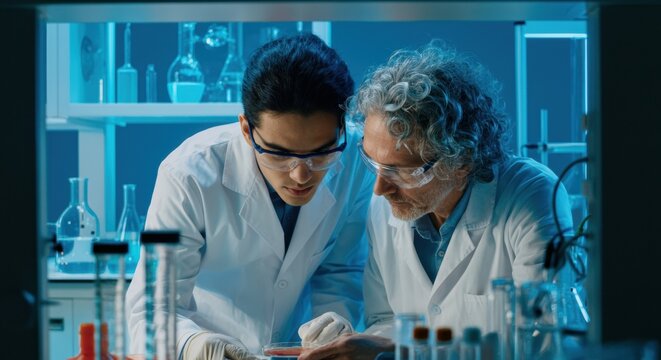 Two scientists analyzing a sample in a modern research laboratory under blue light