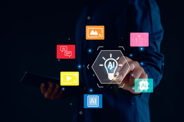 professional interacting with floating AI icons representing innovation,machine learning, automation, digital intelligence, showcasing modern technology for creative solutions and smart data processes