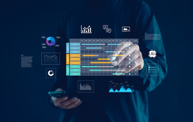 Digital project dashboard with Gantt chart, analytics, and AI-powered data visualization showing workflow planning, task scheduling, progress tracking, efficient management for modern business teams.