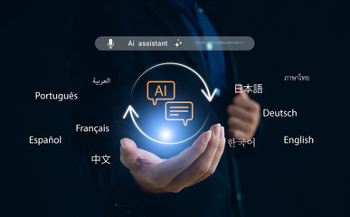 Business presenting virtual AI language assistant with multilingual text, global communication icons, smart translation technology, illustrating advanced digital interaction and worldwide connectivity