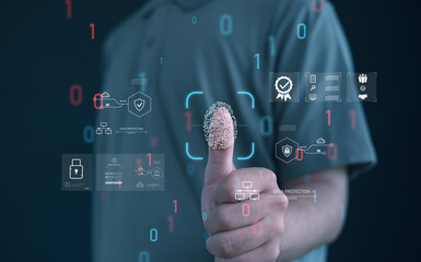 person using biometric fingerprint scanning for secure authentication, representing data protection, cybersecurity, digital identity verification, encryption, and modern access control technology.