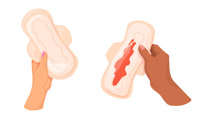 Hand holding sanitary pad. Woman hand hold clean or used pads with menstrual blood, feminine hygiene product menstruation period body care female health, neat vector illustration