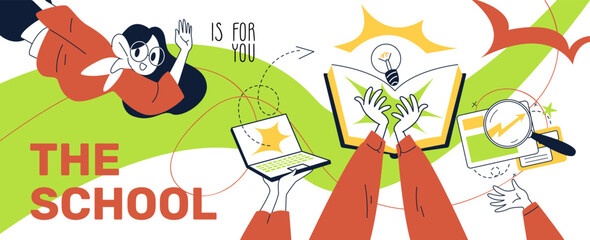 Online education banner. Internet school training, ebook study university web course distance learning science concept abstract line icon poster design classy vector illustration