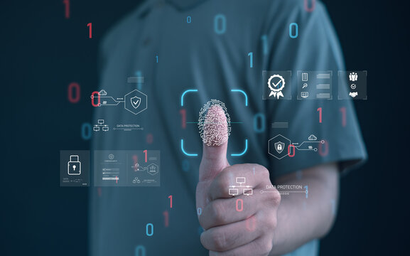 person using biometric fingerprint scanning for secure authentication, representing data protection, cybersecurity, digital identity verification, encryption, and modern access control technology.