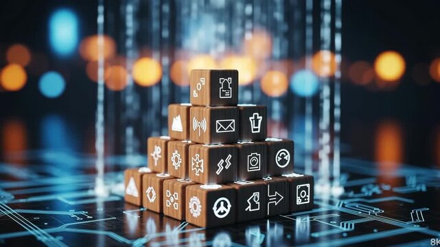 Digital technology icons on wooden blocks stacked pyramid on circuit board with bokeh lights 4K Ai HD high quality video.
