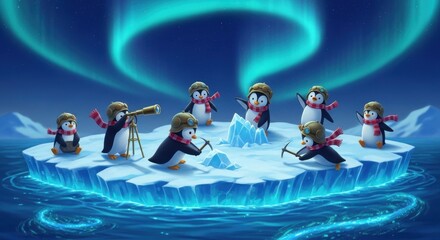 Penguins explore ice floe under aurora borealis