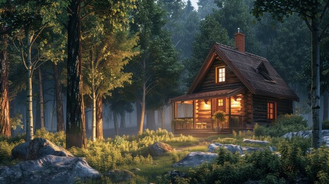 Rustic cabin nestled in a forest with soft sunlight and lush foliage