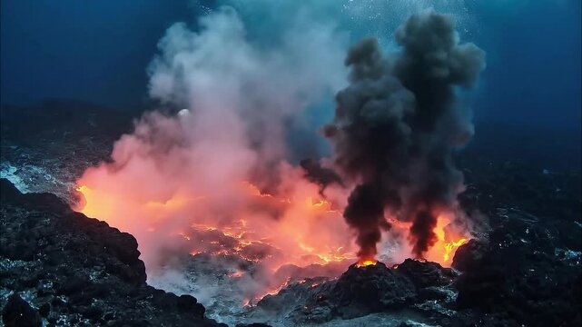 An awe-inspiring underwater volcanic eruption with glowing lava flowing across the dark ocean floor and spectacular steam plumes rising into the deep blue sea