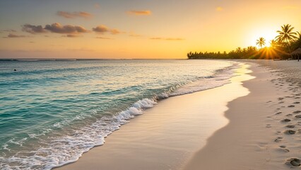A serene tropical beach at sunset, with golden sunrays and gentle waves