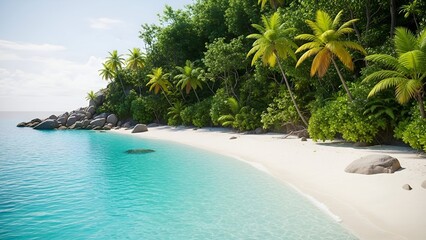A pristine beach with turquoise water, white sand, and lush green palm trees