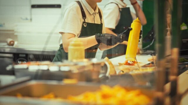Chefs in a busy fast food restaurant add sauces to meals, showcasing their skill and speed. The activity takes place during lunch hours as they serve eager customers