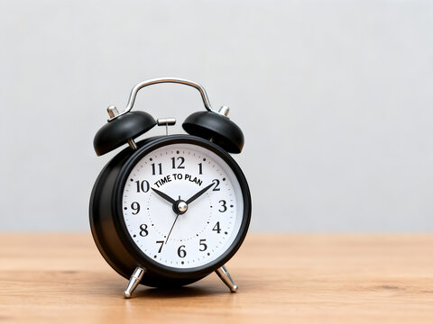 Classic black alarm clock on a wooden surface showing Time to Plan concept for time management and scheduling