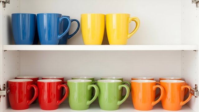 Colorful ceramic mugs neatly arranged on shelves inside a white kitchen cabinet
