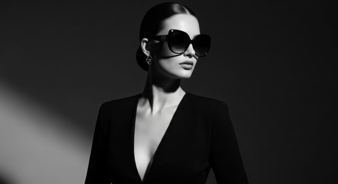 Elegant woman in black dress and sunglasses