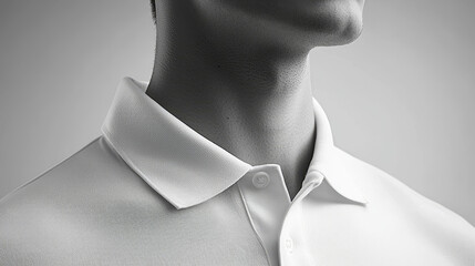 Clean crisp white polo shirt collar and neckline presented in a classic sophisticated monochrome.