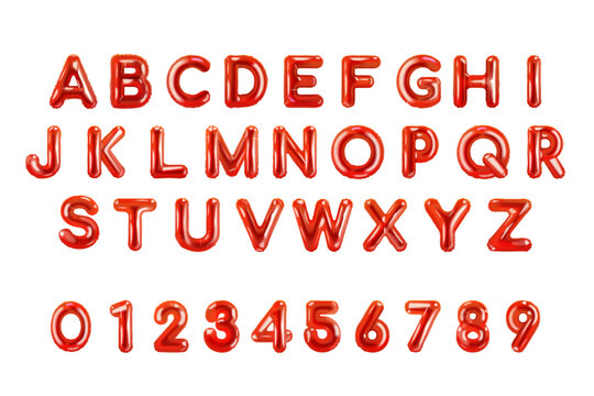 Red balloon alphabet. 3d letters bubble, realistic foil number abstract isolated baloon english text font sale or birthday party ballon typeface, isolated exact vector illustration