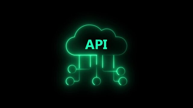 Neon green cloud icon with API text and connecting lines on black background cloud computing application programming interface