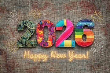 Colorful Fabric 2026 Numbers on Textured Background &ndash; Creative New Year Design